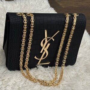 Yves Saint Laurent Black Croc-Texture Bag with Gold Chain